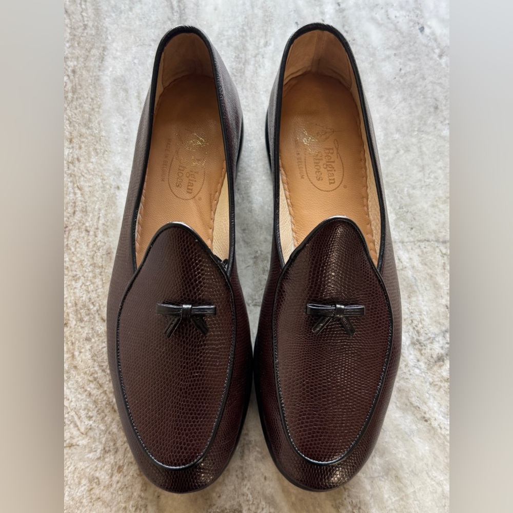 BELGIAN SHOES MR CASUAL LOAFER LIZARD BROWN SLIPPERS Sz 9 $800 BOW TIE LEATHER